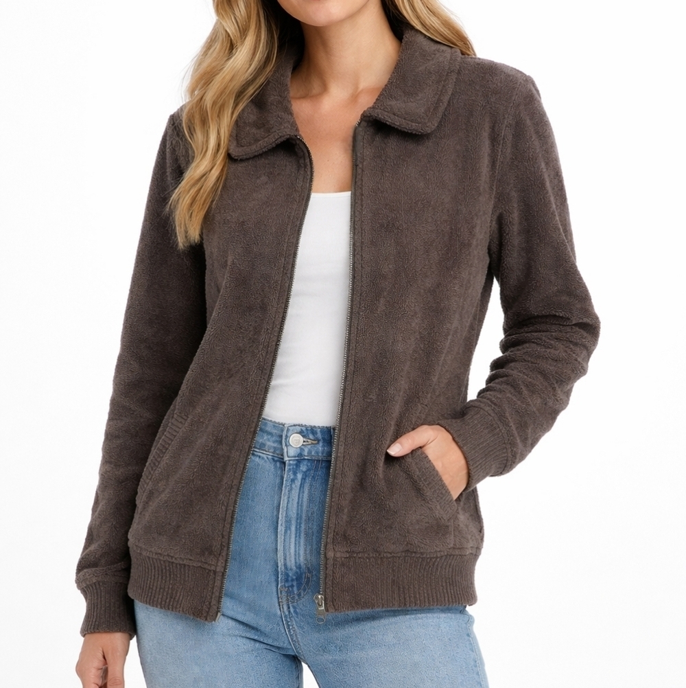 Barefoot Dreams CozyChic Lite Zip Jacket Sz M Ultra-Soft Taupe Luxe Lounge